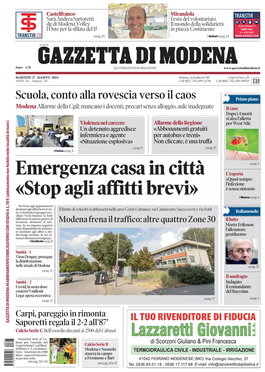 Prima-pagina-gazzetta di modena-oggi-edizione-del-2024-08-27